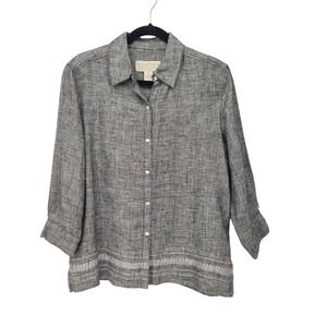 Vtg. Norton McNaughton Linen Button Up Top Black 3/4 Sleeve Decorative Stitch S